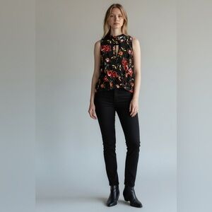 Verte Black Floral Sleeveless Blouse Gold Threading Keyhole NWT Sz L